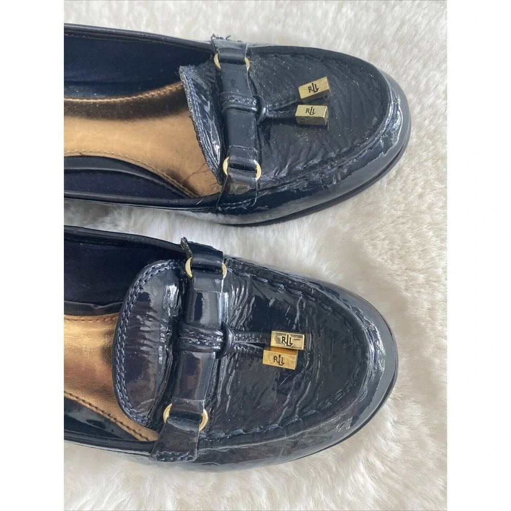 Lauren‎ Ralph Lauren Navy Patent Leather Wedge Loafer Pumps Gold Hardware 6B